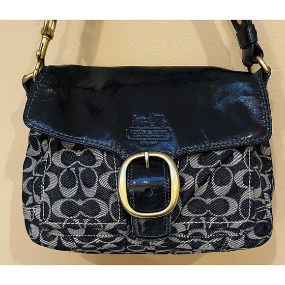 Coach Bleecker Signature Blue Denim Patent Leather Buckle Shoulder Bag 12571 - Picture 2 of 14